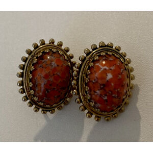 Vintage Marino Clip On Earrings - Gold Tone/ Red Oval with Swirl Design